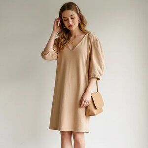 Zara Tan Puff Sleeve V-Neck Dress | Neutral Chic | S